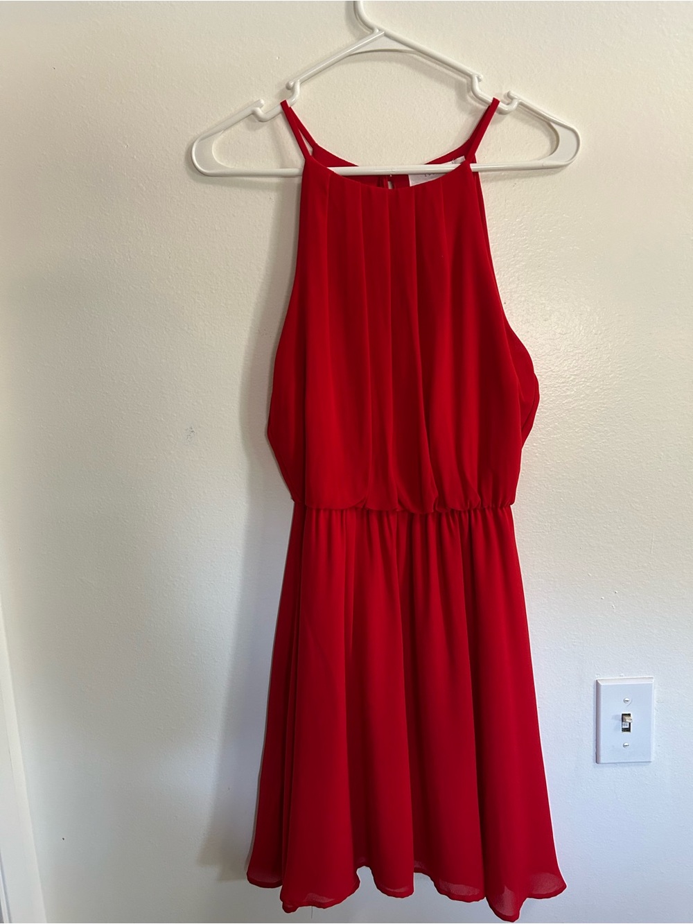 LUSH High-Neck Chiffon Mini Dress - Vibrant Red (Size Medium)